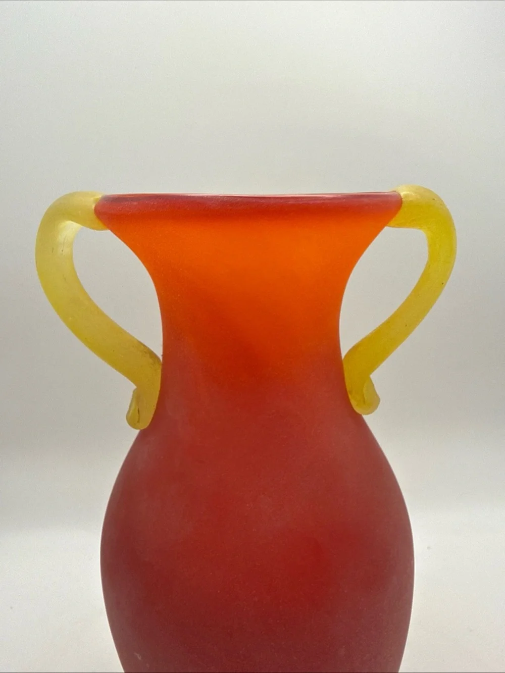 Murano Style Glass Vase Amphora Roman Style Red w/ Yellow Scroll Handles Scavo